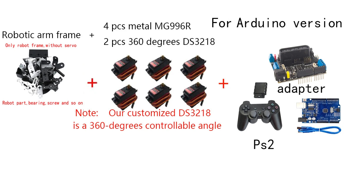 360 Degrees 6 DOF Robot Metal Alloy Mechanical Arm Claw Kit MG996R for Arduino Robotics Kit Educational Ps2 Programmable Toys