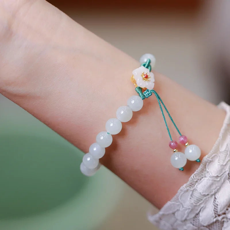 Jade Peach Flower Woven Bracelet – Handmade Beads Jewelry for Women