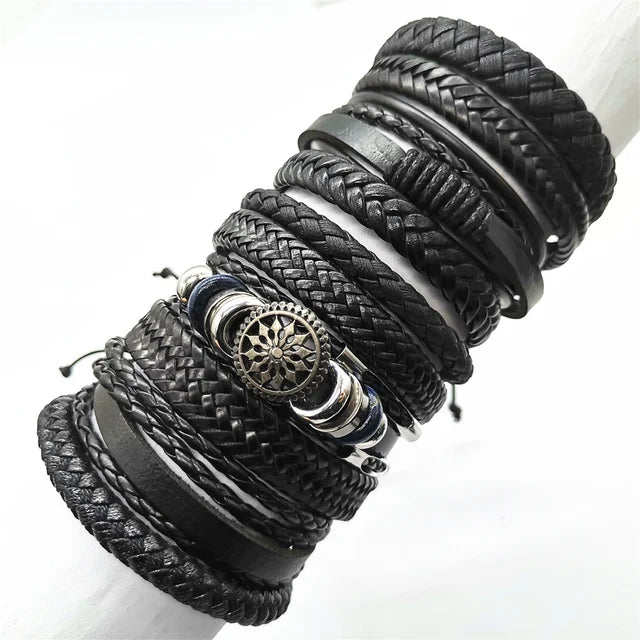 10PCS Black Woven Leather Bracelets – Handmade Unisex Bangles