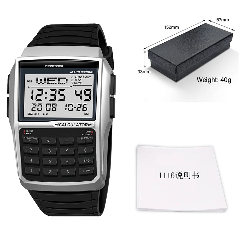 Multifunctional Men's Calculator Watch Fashion Luxury LED Electronic Watch Digital Sports Waterproof Watch Computer Style