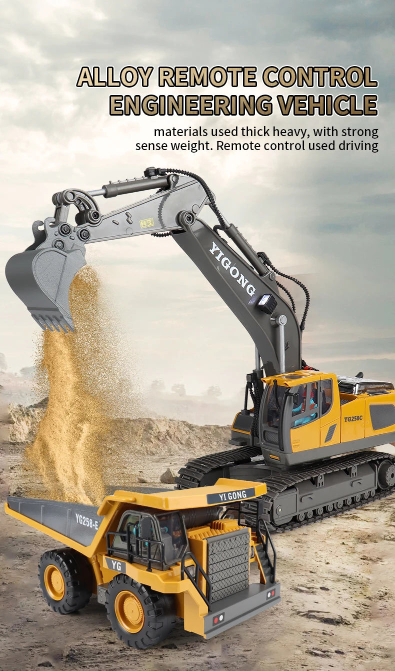 ZWN 2.4G Remote Control Excavator Dump Truck RC Model Car Toy Professional Alloy Plastic Simulation Construction Vehicle for Kid