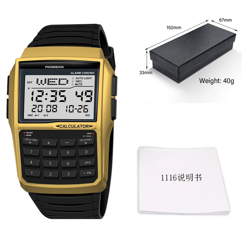 Multifunctional Men's Calculator Watch Fashion Luxury LED Electronic Watch Digital Sports Waterproof Watch Computer Style