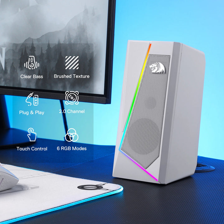 Redragon GS520 RGB Desktop Speakers, 2.0 Channel PC Stereo Speaker with 6 Colorful LED Modes, Enhanced Sound, White/Pink