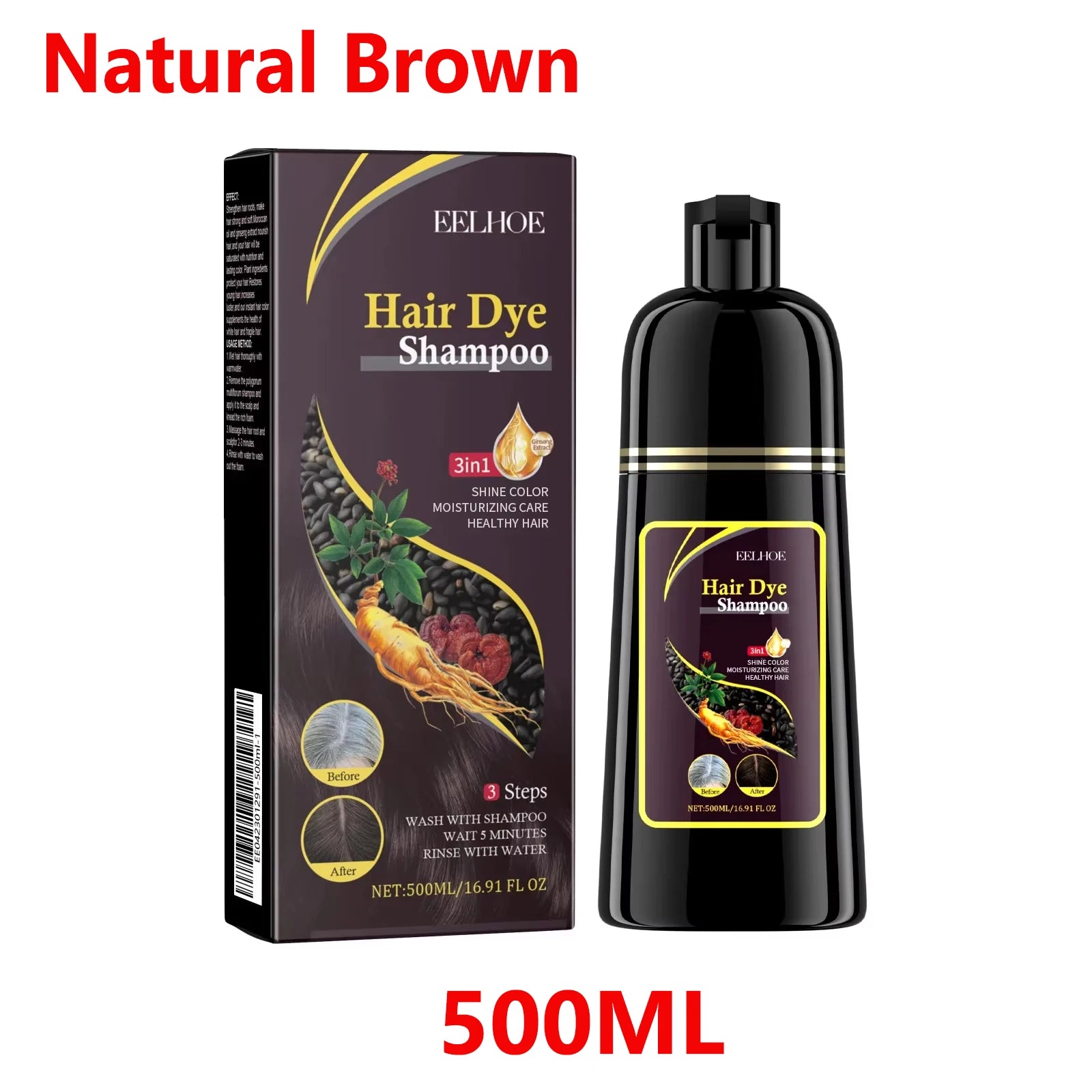 500ml Natural Herbal Hair Dye Shampoo 3 in 1 Change Hair Color Gray Hair to Dark Brown Black Deep Nourishing Fashion Hair Care