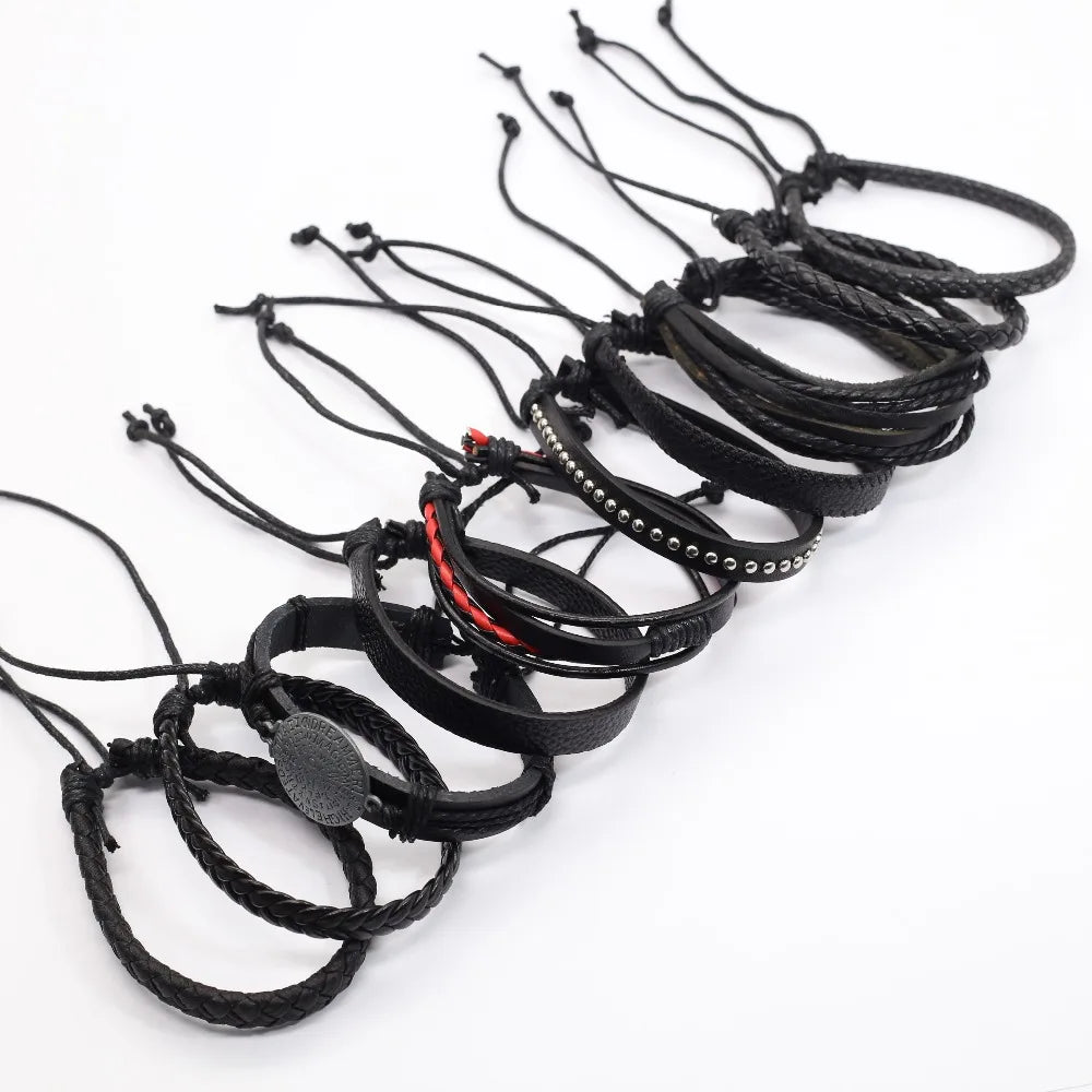 10PCS Black Woven Leather Bracelets – Handmade Unisex Bangles