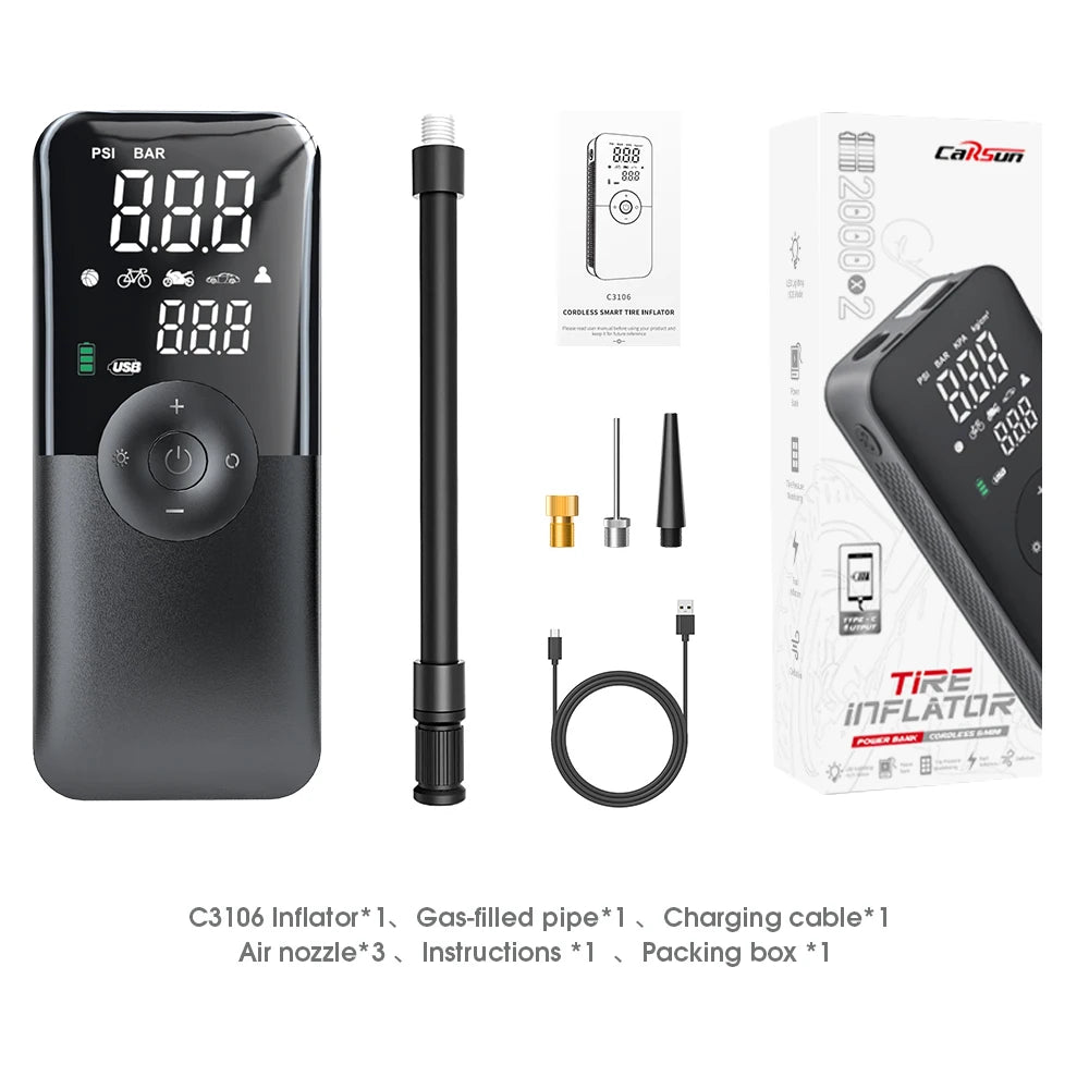 CARSUN Portable Tire Inflator – Rechargeable Digital Air Pump for Car, Bike & Sports Balls