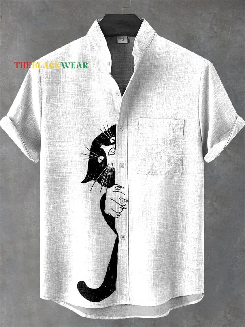 New Men's Comfortable Linen Short Sleeve Shirt High Quality Costume Art Print Cartoon Cat Pattern New Series