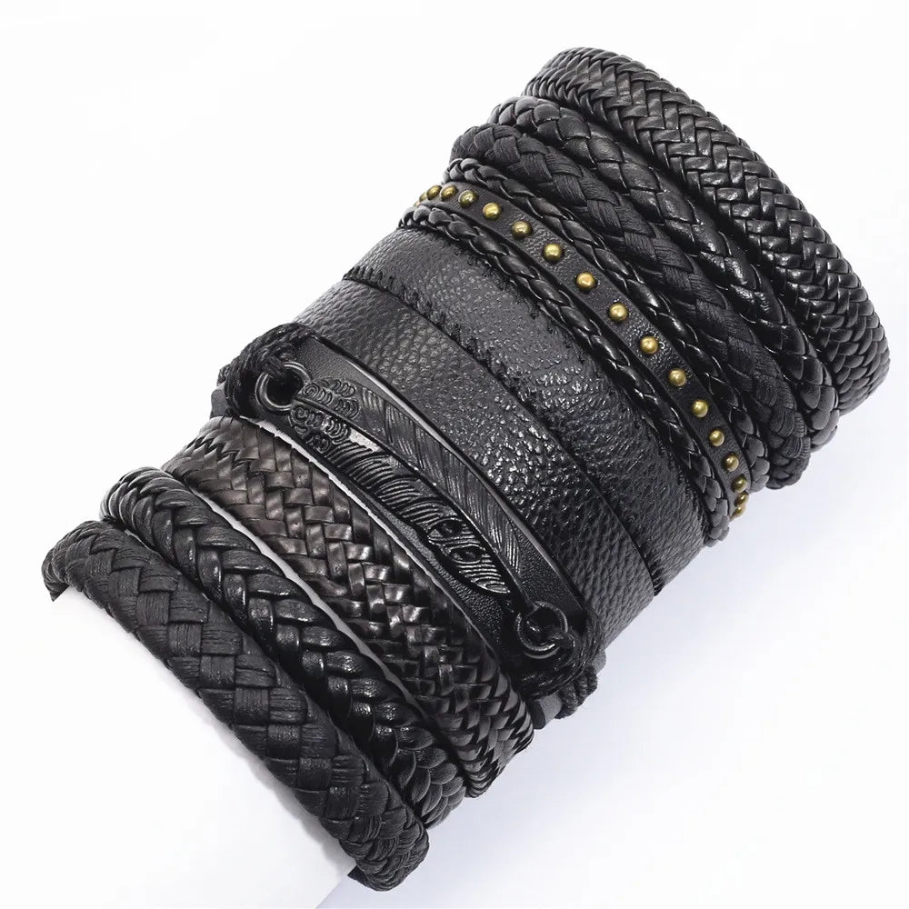 10PCS Black Woven Leather Bracelets – Handmade Unisex Bangles