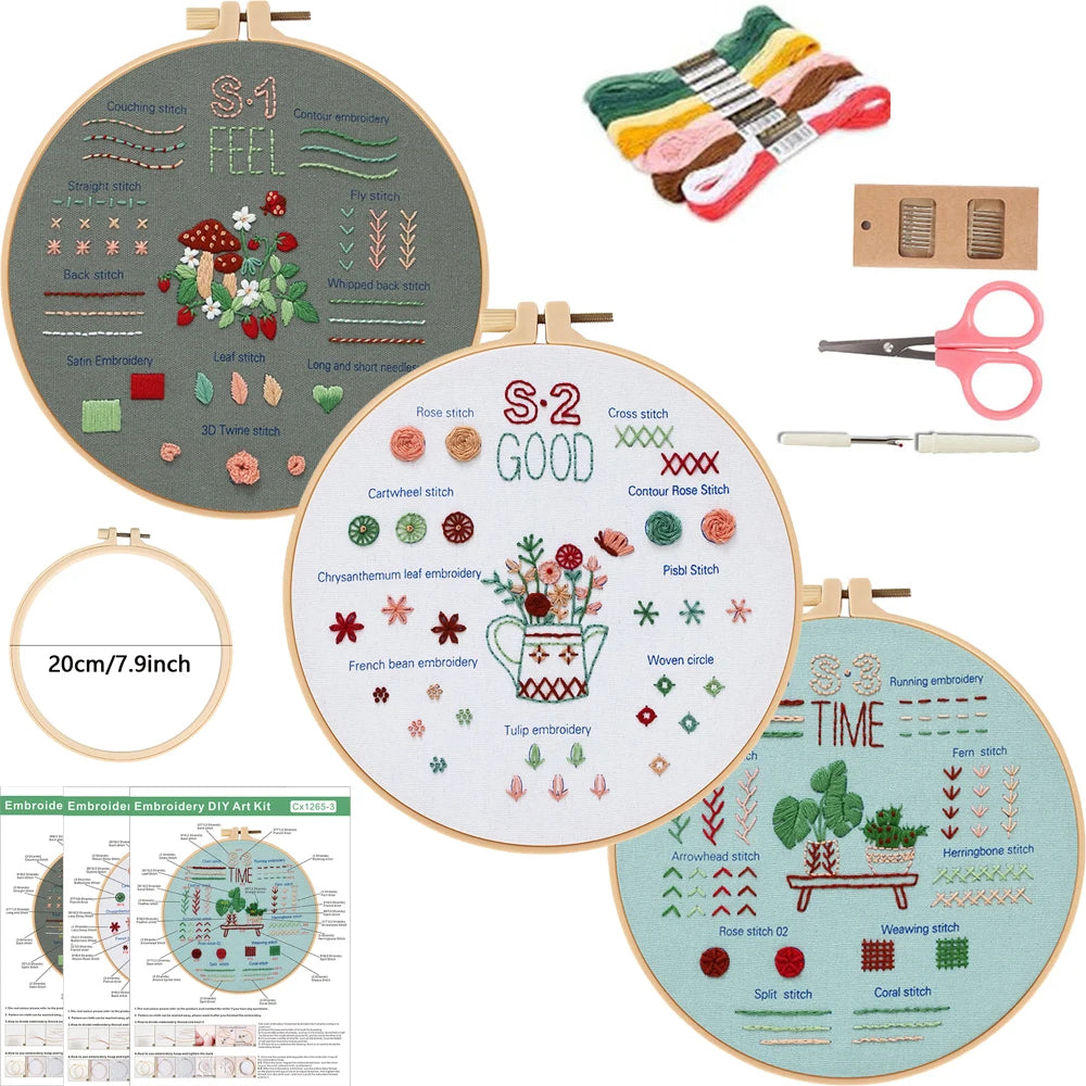 Embroidery Kit for Beginners – 3 Set Starter Pack with Tools